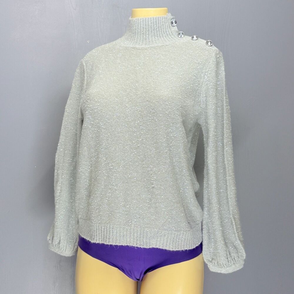 NY&C Sweater Metallic Silver Mock Button Neck M